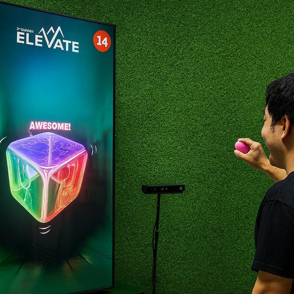 Guests playing Move Shake Pose AR game at a brand activation booth in Dubai event